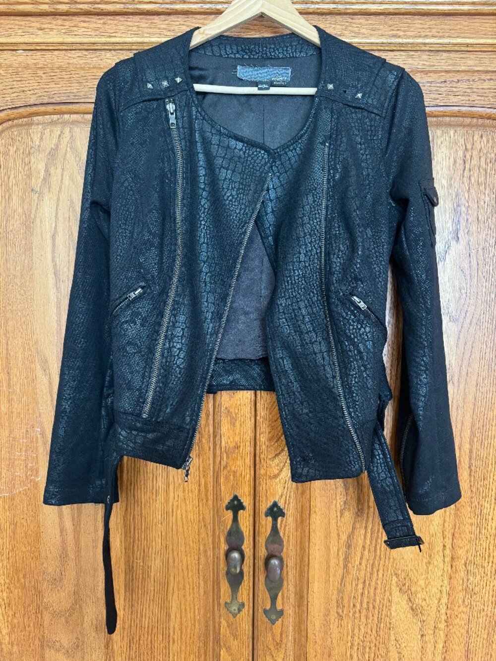 Guess Black Textured Faux-Leather Bomber Jacket